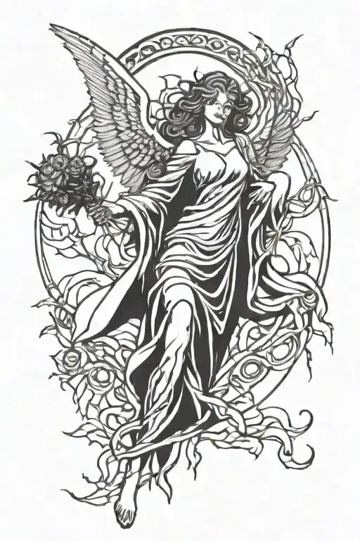 Angel stencil woman with thorns coming down tattoo design idea