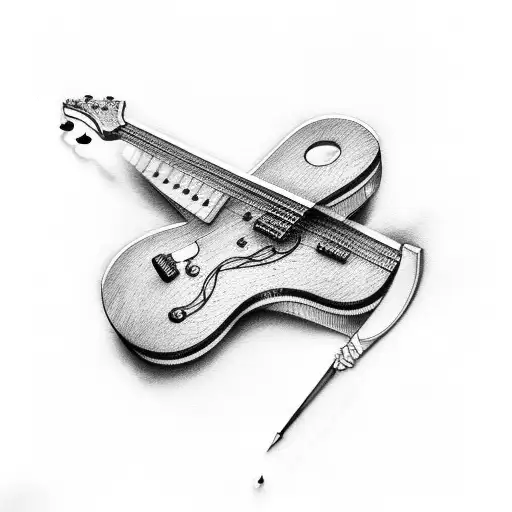 guitar green bullet mic and harp tattoo design idea