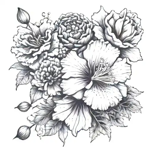 Violet ,Primrose, Gladiolus, Poppy,  Chrysanthemum and Peony  tattoo design idea