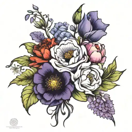 Violet ,Primrose, Gladiolus, Poppy,  Chrysanthemum and Peony  bouquet  tattoo design idea