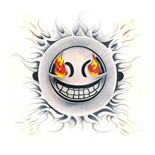 a smiley face on fire with flames around it tattoo design idea