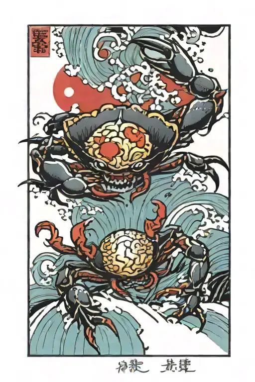 crab with skull face. 2 japanese fish jumping in waterfall.  a red sun with a ribbon with words "ordem e progresso".  tattoo design idea