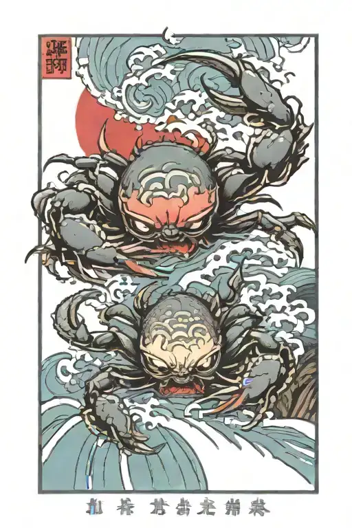 crab with skull face. 2 japanese fish jumping in waterfall.  a red sun with a ribbon with words "ordem e progresso".  tattoo design idea