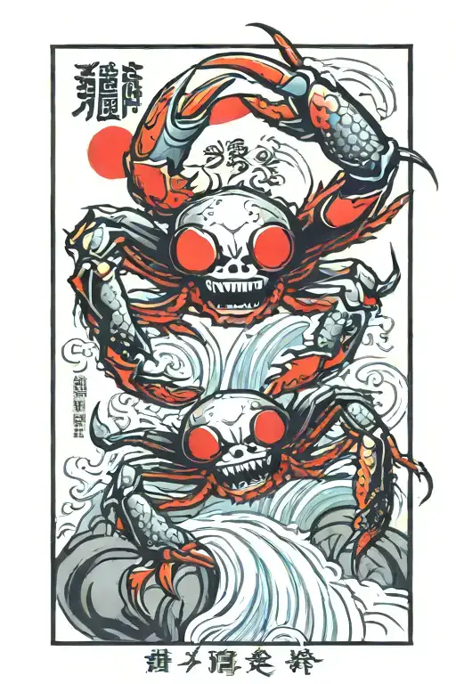 crab with skull face. 2 japanese fish jumping in waterfall.  a red sun with a ribbon with words "ordem e progresso".  tattoo design idea