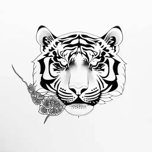 One black ink tiger body with one red ink tiger with hydrangeas tattoo design idea