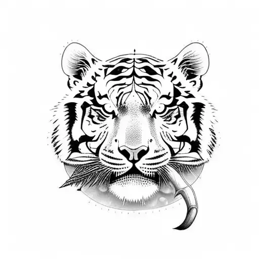 One black ink tiger body with one red ink tiger with hydrangeas tattoo design idea