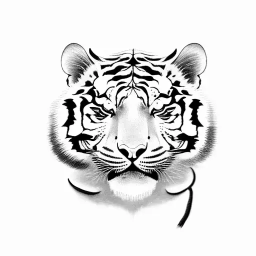 One black ink tiger body with one red ink tiger with hydrangeas tattoo design idea