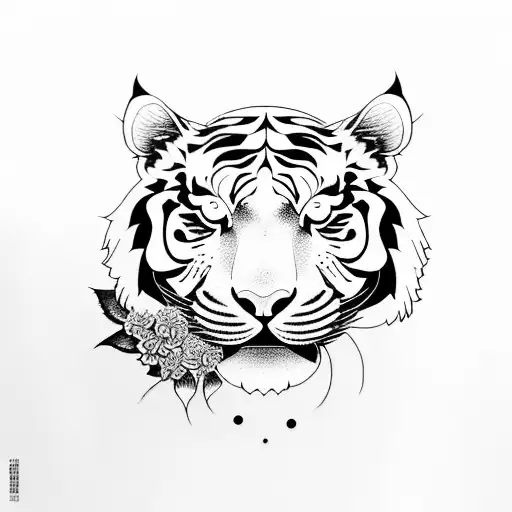 One black ink tiger body with one red ink tiger with hydrangeas tattoo design idea