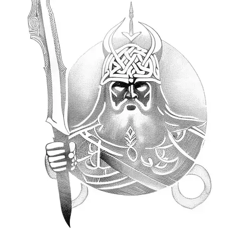 A blackwork tattoo of a Viking warrior wielding a sword, surrounded by symbols of anarchy tattoo design idea