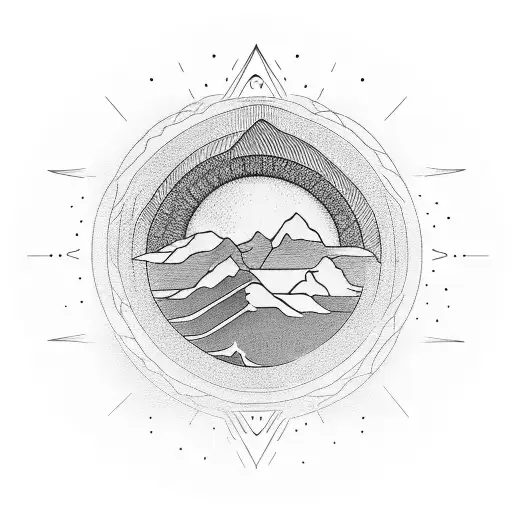 A minimalist design of a mountain range with a sun rising over it, symbolizing self-love and the beauty of the outdoors tattoo design idea