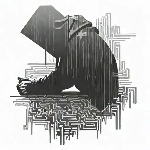 A hacker silhouette surrounded by lines of code in 1337 text tattoo design idea