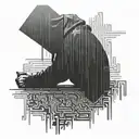 A hacker silhouette surrounded by lines of code in 1337 text tattoo design idea