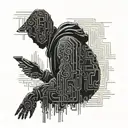 A hacker silhouette surrounded by lines of code in 1337 text tattoo design idea