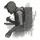 A hacker silhouette surrounded by lines of code in 1337 text tattoo design idea