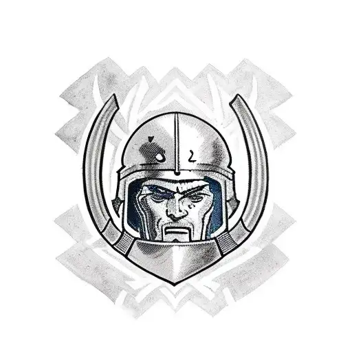 A Spartan warrior wearing a helmet and holding a shield and spear, surrounded by intricate geometric patterns tattoo design idea