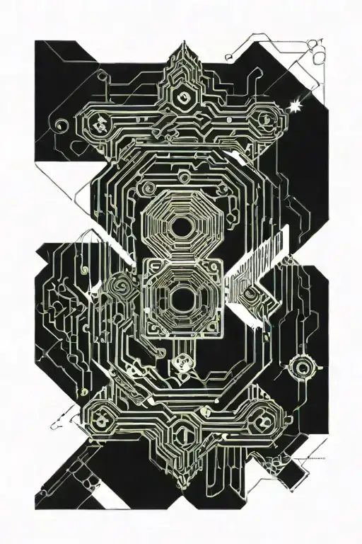 web. lines coming out of the center to the top and to the bottom. in the center is a chip or a cpu like tattoo design idea