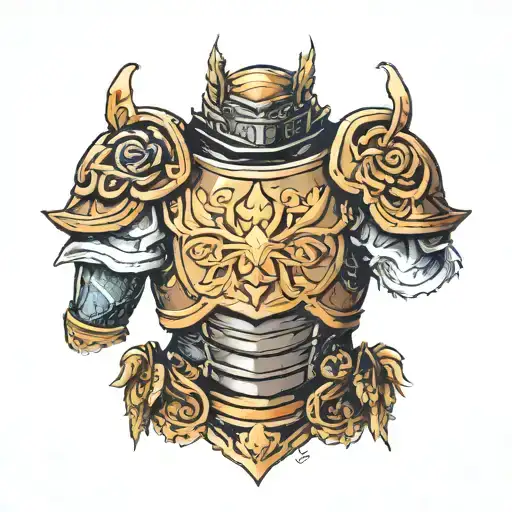 girl with brown wavy bob wearing chest plate armor tattoo design idea