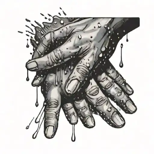 A hand reaching out to caress someone's face with rain falling around them tattoo design idea