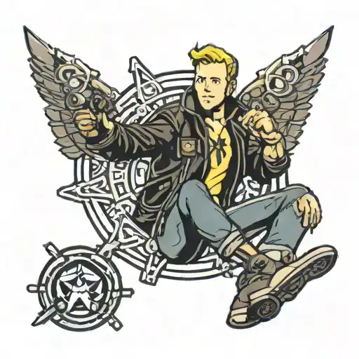 fallout vault boy witt black leather jacket and hamer and sickle in his hand sitting on an atomic bomb tattoo design idea