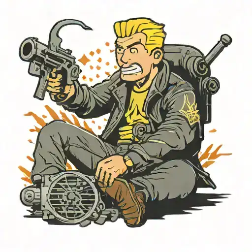 fallout vault boy witt black leather jacket and hamer and sickle in his hand sitting on a atomic bomb that falling down  tattoo design idea