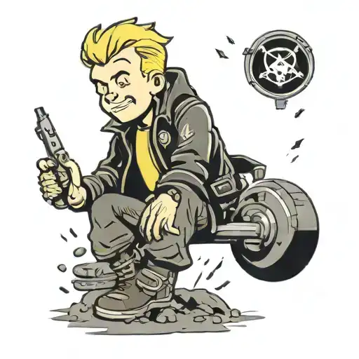 fallout vault boy witt black leather jacket and hamer and sickle in his hand sitting on a atomic bomb that falling down  tattoo design idea