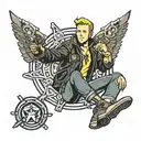 fallout vault boy witt black leather jacket and hamer and sickle in his hand sitting on an atomic bomb tattoo design idea