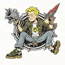 fallout vault boy witt black leather jacket and hamer and sickle in his hand sitting on an atomic bomb tattoo design idea