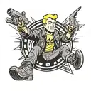 fallout vault boy witt black leather jacket and hamer and sickle in his hand sitting on an atomic bomb tattoo design idea