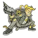 fallout vault boy witt black leather jacket and hamer and sickle in his hand sitting on an atomic bomb tattoo design idea