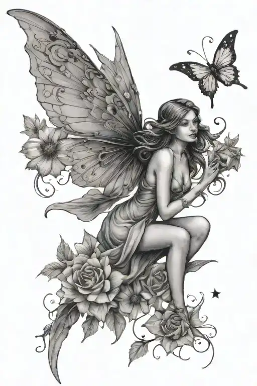 A fairy flying to the stars surrounded by flowers tattoo design idea