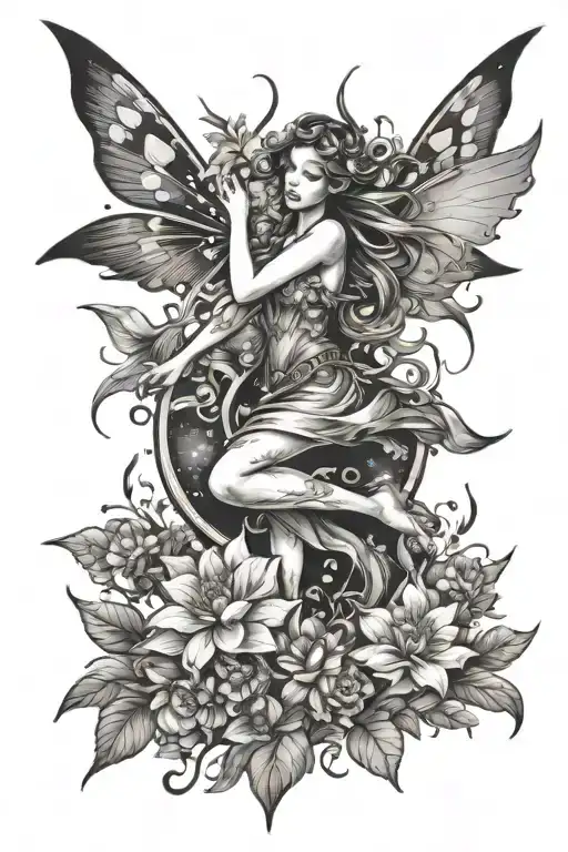 A fairy who flies to the stars surrounded by flowers in the form of a fresco tattoo design idea