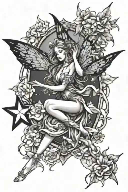 A fairy who flies to the stars surrounded by flowers on a stained glass background tattoo design idea