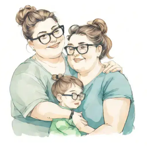 cartoon characters of a chubby woman with brown hair wearing glasses and a messy bun holding a 4 year old boy in glasses tattoo design idea