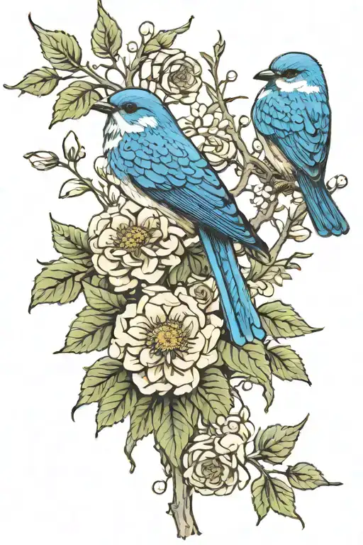 zinnias and bluebird sitting on branch tattoo design idea