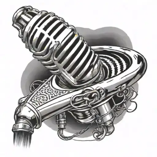 A realism tattoo of a sleek and modern microphone with intricate details, showcasing the client's passion for music and precision as an engineer. tattoo design idea