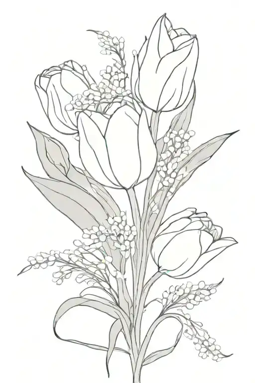 Tulip and baby's breath bouquet tied tattoo design idea