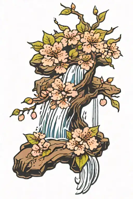 Cherry Blossom Tree with a waterfall cascading tattoo design idea