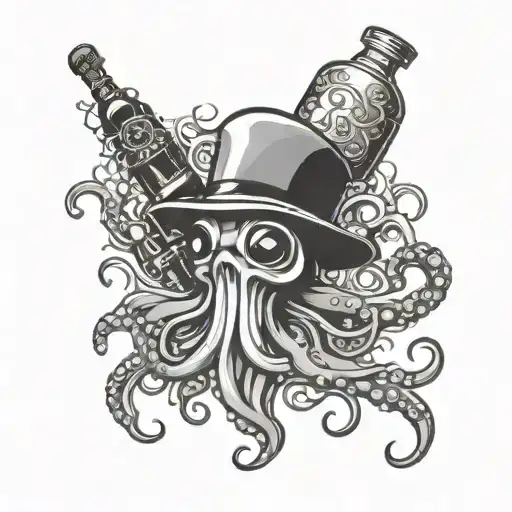 The squid holds alcohol and a cigar in its tentacles tattoo design idea