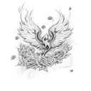 Phoenix rising grom ushes with burning roses around  tattoo design idea