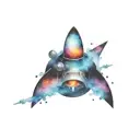 colorful retro spaceship exiting a black hole eating star tattoo design idea