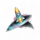 colorful retro spaceship exiting a black hole eating star tattoo design idea