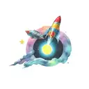 colorful retro spaceship exiting a black hole eating star tattoo design idea