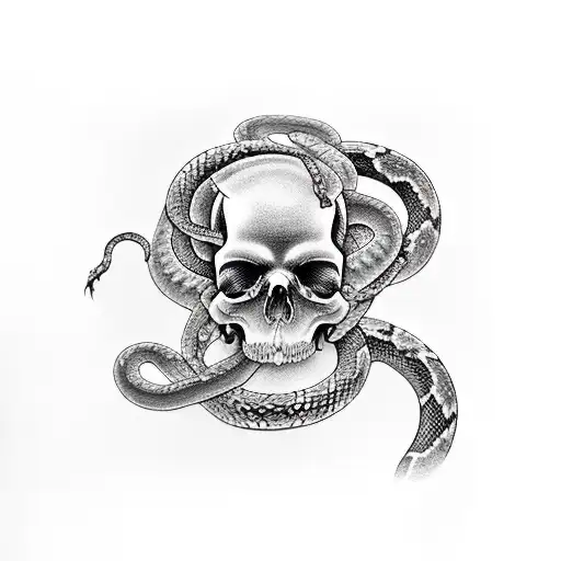 A realistic black and grey skull with a snake coiled around it, surrounded by delicate rose petals tattoo design idea
