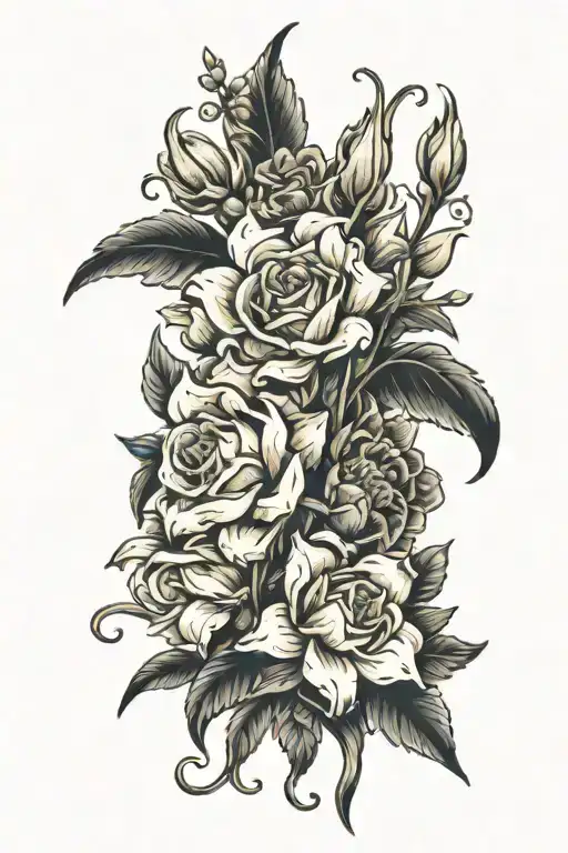 Tattoo of a boutique of flowers with roses, aster, lilies, narcissus, iris, and gladiolus. tattoo design idea