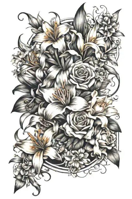 Tattoo of a boutique of flowers with roses, aster, lilies, narcissus, iris, and gladiolus. tattoo design idea