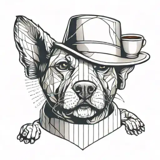 A minimalist tattoo design of a dog wearing a chef's hat, holding a coffee cup and a cricket ball in its mouth tattoo design idea