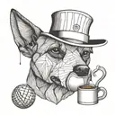 A minimalist tattoo design of a dog wearing a chef's hat, holding a coffee cup and a cricket ball in its mouth tattoo design idea