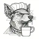 A minimalist tattoo design of a dog wearing a chef's hat, holding a coffee cup and a cricket ball in its mouth tattoo design idea