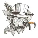 A minimalist tattoo design of a dog wearing a chef's hat, holding a coffee cup and a cricket ball in its mouth tattoo design idea
