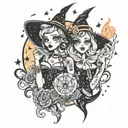 "Sparkle Sisters" witchy themes  tattoo design idea